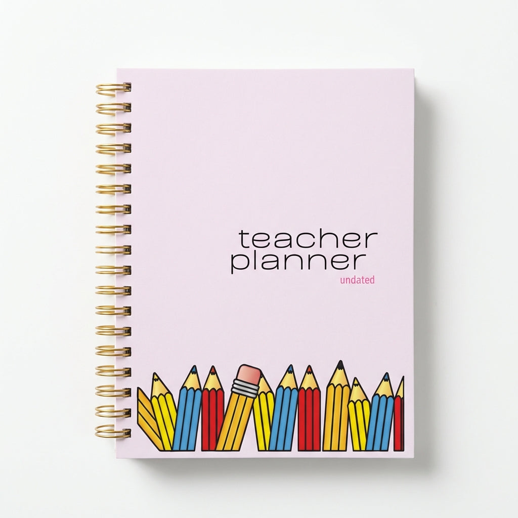 Elegant undated teacher planner with gold spiral binding on white background, feminine aesthetic, realistic product photography.